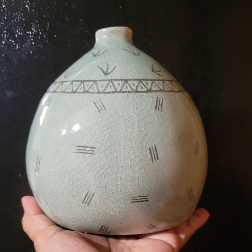 Celadon Pear Shaped Studio Art Pottery Vase Rustic Mod Tribal Primitive Pattern